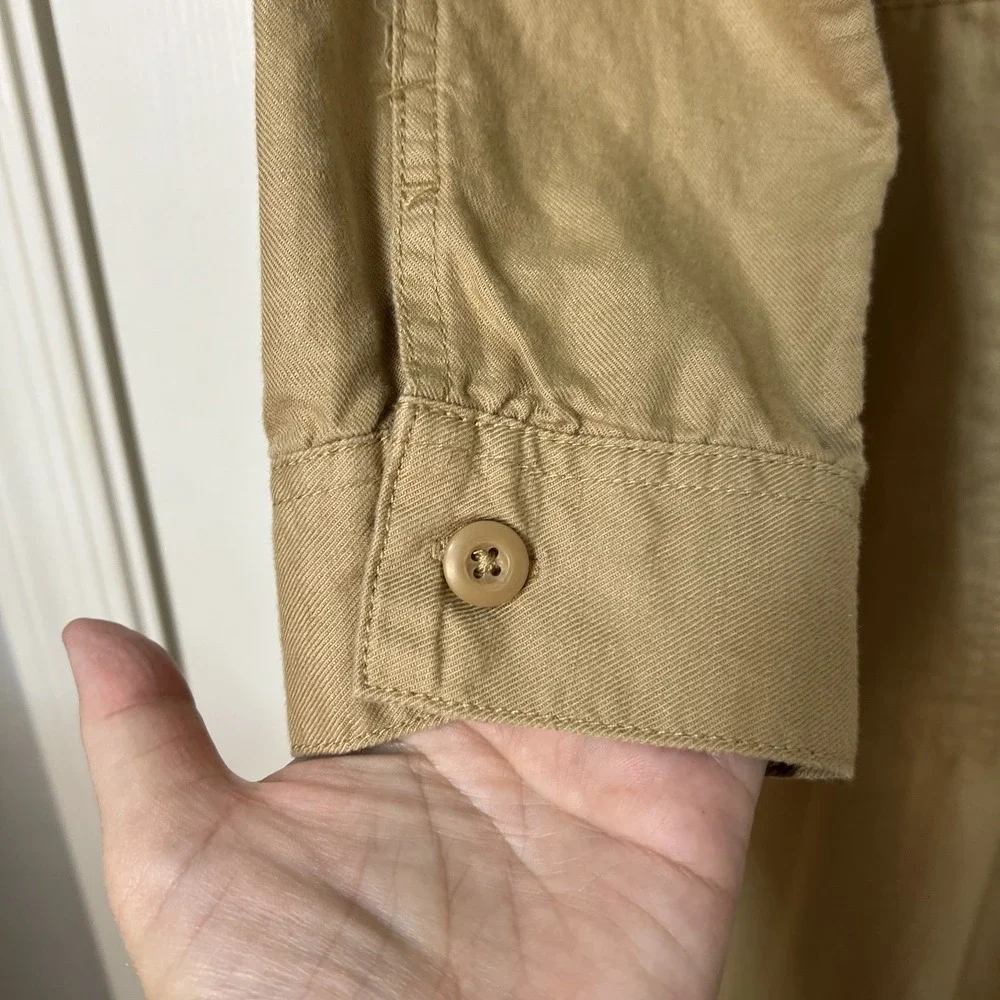 QUINCE Organic Cotton Linen Twill Jumpsuit Women L Long Sleeve Camel Sustainable